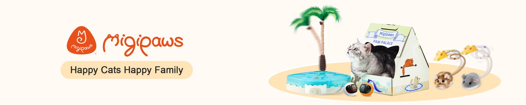 Migipaws banner: Happy Cats Happy Family, with the Paw Palace and palm tree toys